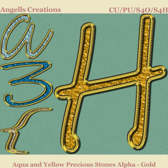 Aqua and Yellow Precious Stones Alpha - Gold - Click Image to Close