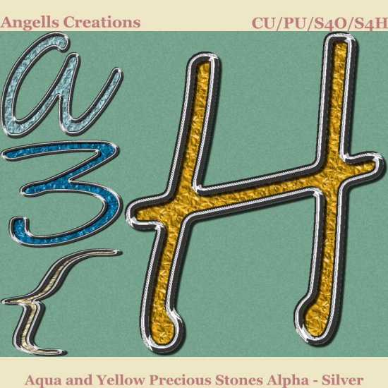 Aqua and Yellow Precious Stones Alpha - Silver - Click Image to Close